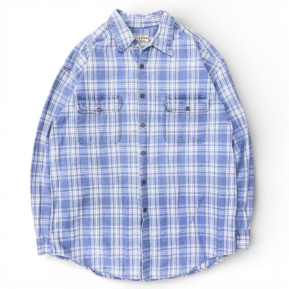 Vintage 90s Arizona Jeans Denim Plaid Button Up Shirt Blue Preppy M Oversize